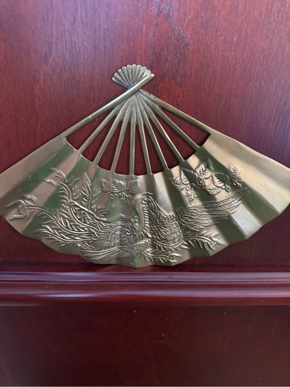 Vintage solid Brass Decorative Fan Wall, table Accent - Gold. Phoenix and dragon